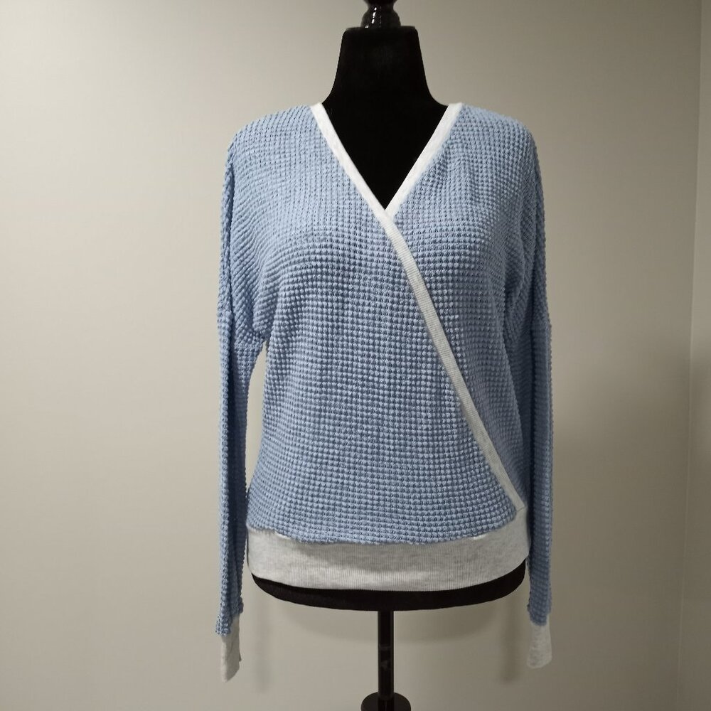 V-NECK WAFFLE KNIT BLUE|GREY LONG SLEEVE WRAP SWEATER WOMEN SIZE L